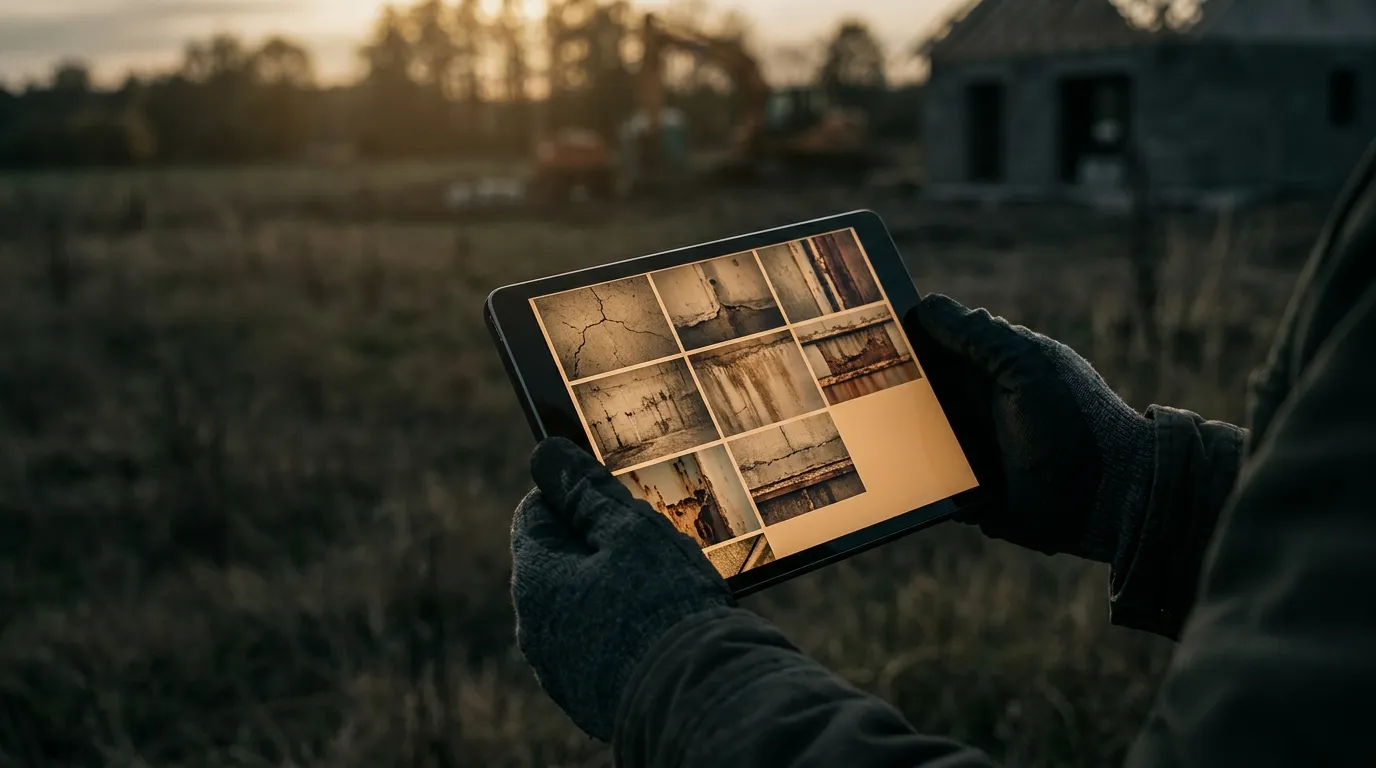 Strata manager entering defect details into a digital register on a tablet at a Sydney apartment building
